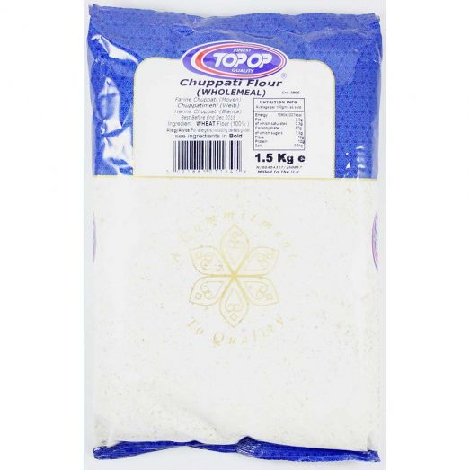 Top Op Wholemeal Chapatti Flour 1.5kg pack in blue and white packaging with front label showing product name and brand logo.