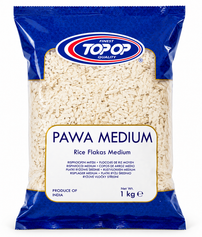 TOPOP Pawa Medium Rice Flakes 1kg front packaging featuring premium quality medium rice flakes ideal for making poha and traditional Indian recipes.