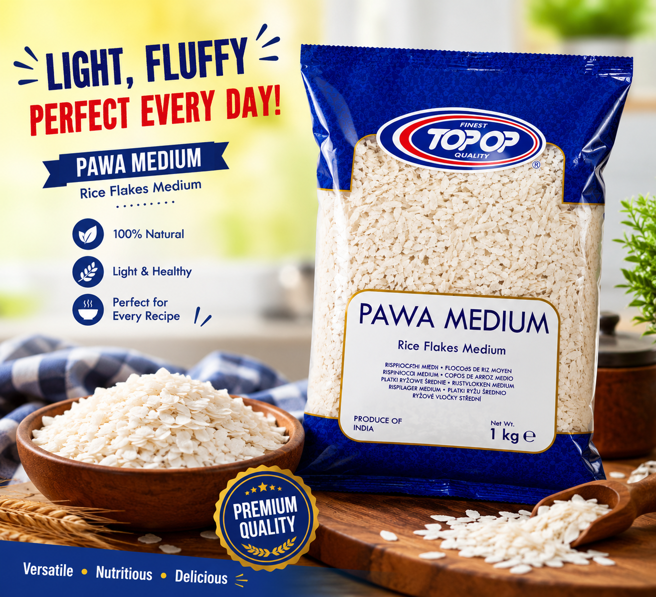 Premium promotional image of TOPOP Pawa Medium Rice Flakes 1kg showcasing light and healthy rice flakes alongside the product packaging, perfect for everyday cooking and poha recipes.
