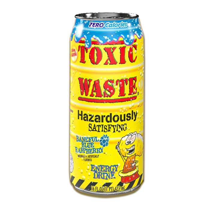 Blue Raspberry Toxic Waste energy drink can with sour.