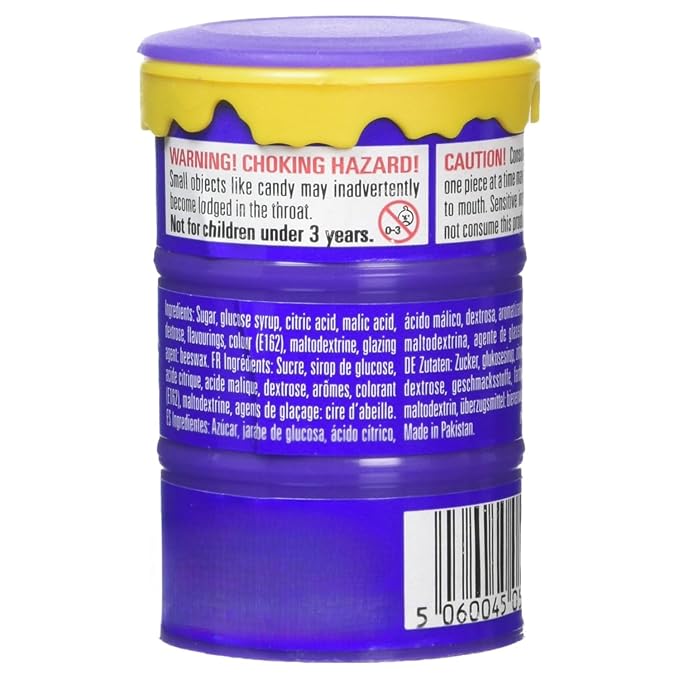 Extreme sour purple grape Toxic Waste candy drums with chewy fruity center