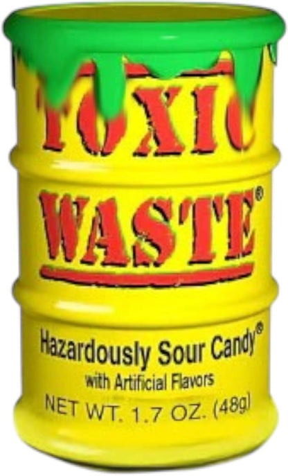 Toxic Waste Sour Candy 12-pack Yellow drums arranged for sharing