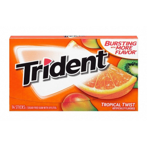 Trident Single Tropical Twist 12pc gum pack on a desk