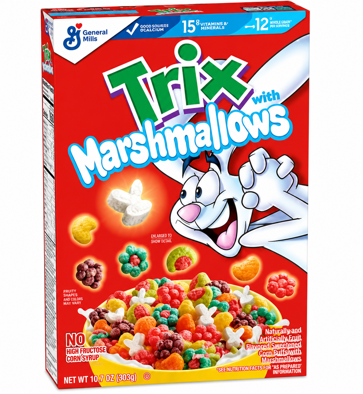 Trix with Marshmallows cereal 303g front packaging featuring colourful fruity corn puffs, marshmallows and the iconic Trix Rabbit mascot.