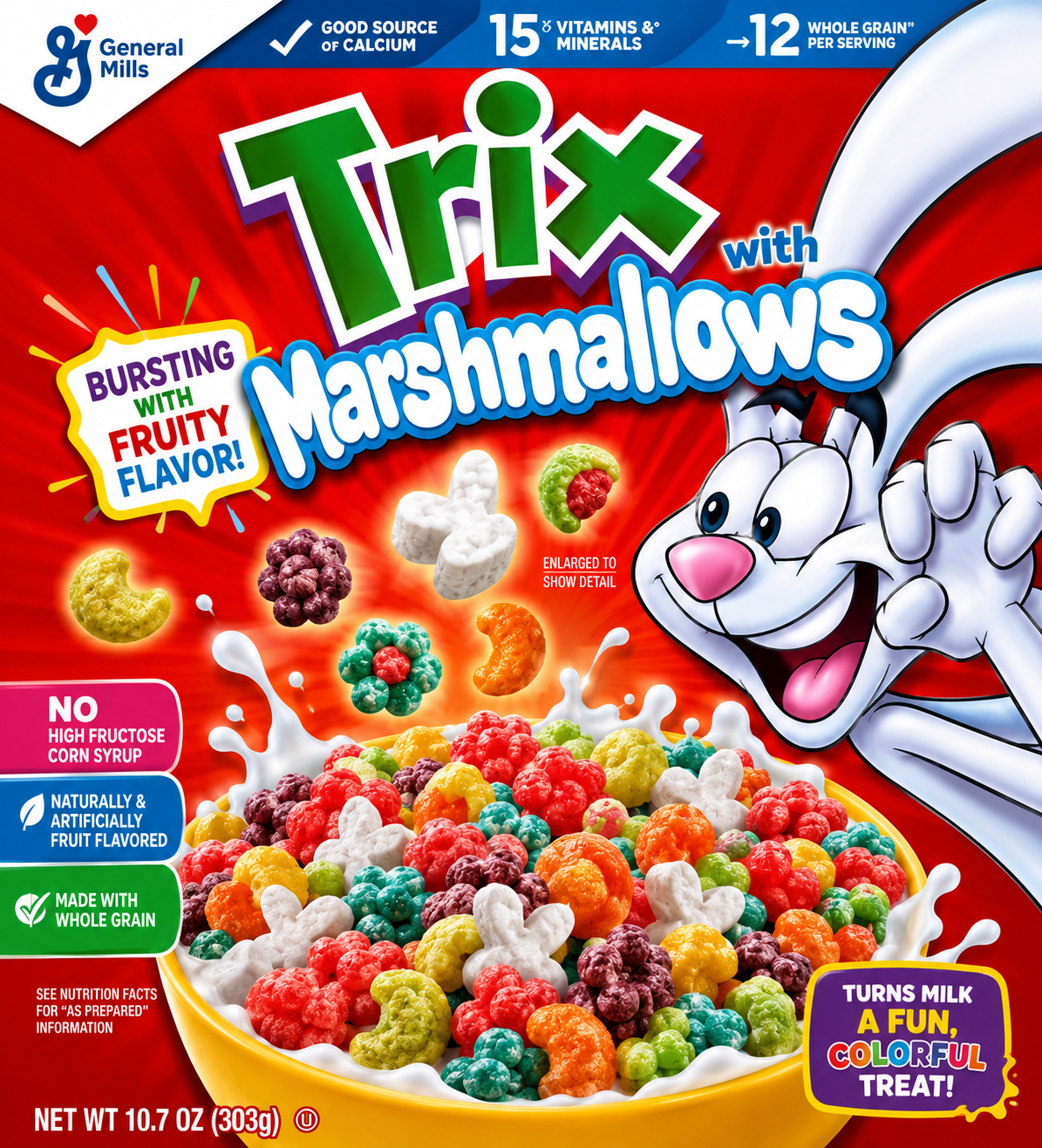 Colourful Trix with Marshmallows cereal promotional image featuring fruity flavoured cereal pieces, milk splashes and fun marshmallow shapes for a delicious breakfast treat.
