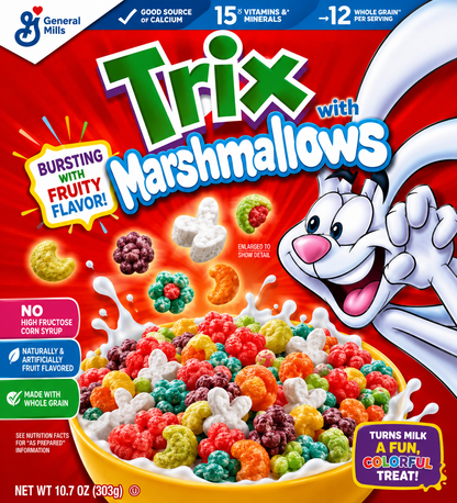 Colourful Trix with Marshmallows cereal promotional image featuring fruity flavoured cereal pieces, milk splashes and fun marshmallow shapes for a delicious breakfast treat.