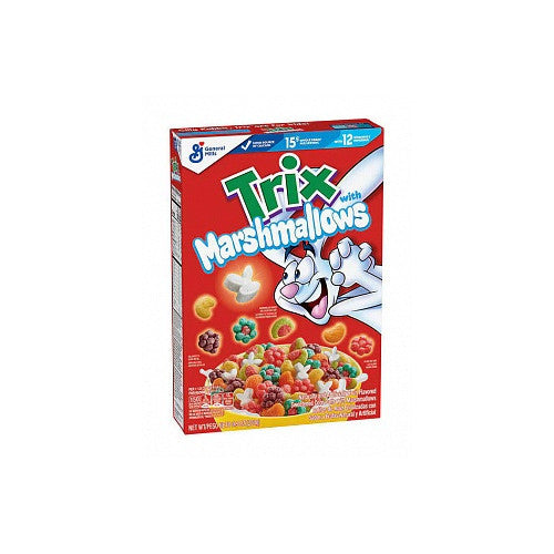 Front of Trix cereal box with colorful marshmallows and rabbit mascot
