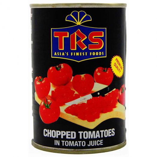 TRS Chopped Tomatoes in Tomato Juice 400g tin with black label featuring whole tomatoes and chopped tomatoes on toast.