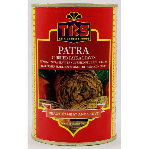 Red 400g tin of TRS Patra Curried Patra Leaves with yellow border, featuring an image of sliced patra rolls and labeled “Ready to Heat and Serve.”