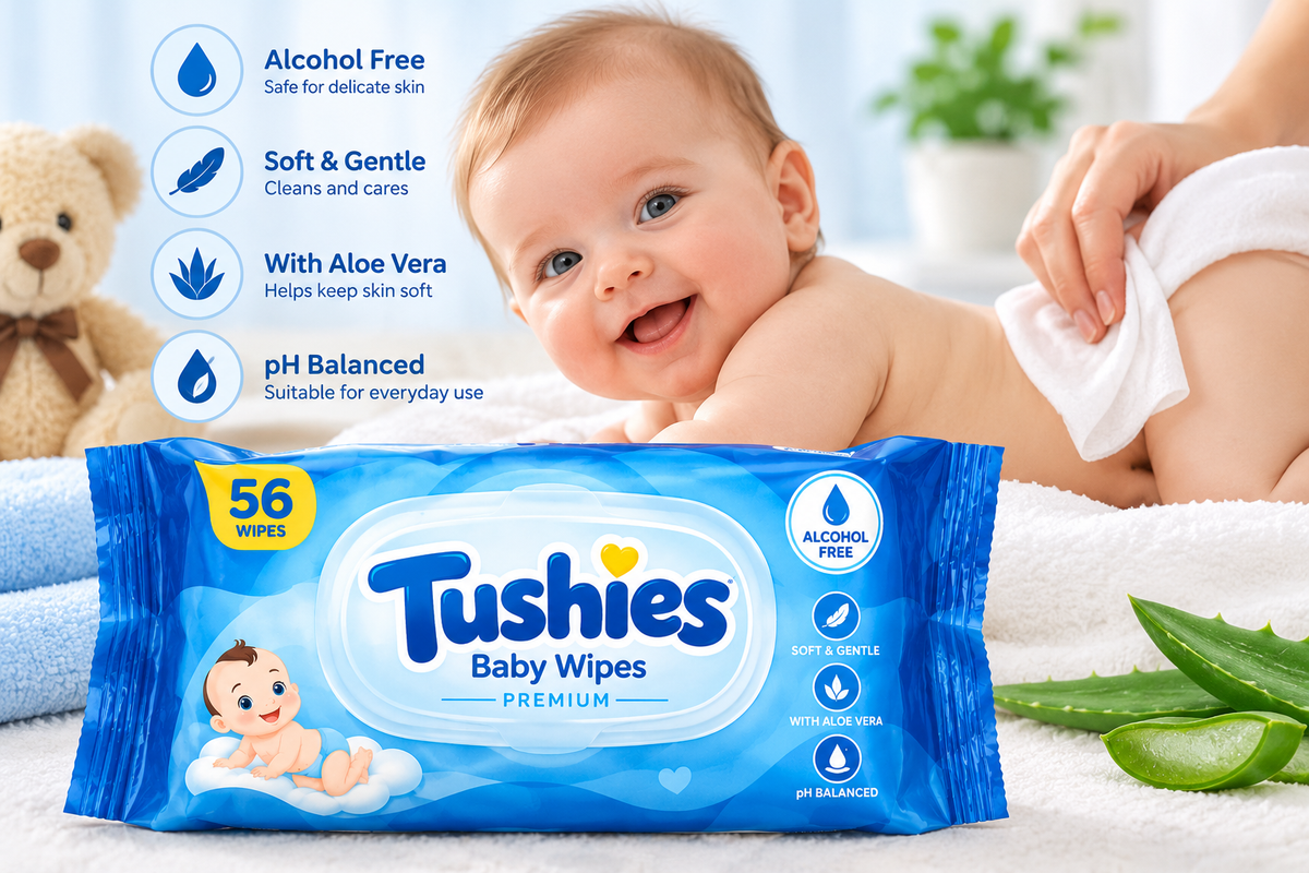 Tushies Premium Baby Wipes 56 count pack with bright blue packaging, resealable white lid, baby illustration and yellow accents, featuring alcohol-free, pH-balanced and gentle skin-care claims on a clean white background.