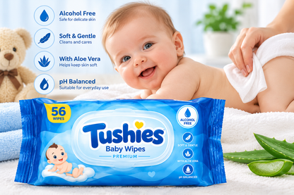Tushies Premium Baby Wipes 56 count pack with bright blue packaging, resealable white lid, baby illustration and yellow accents, featuring alcohol-free, pH-balanced and gentle skin-care claims on a clean white background.