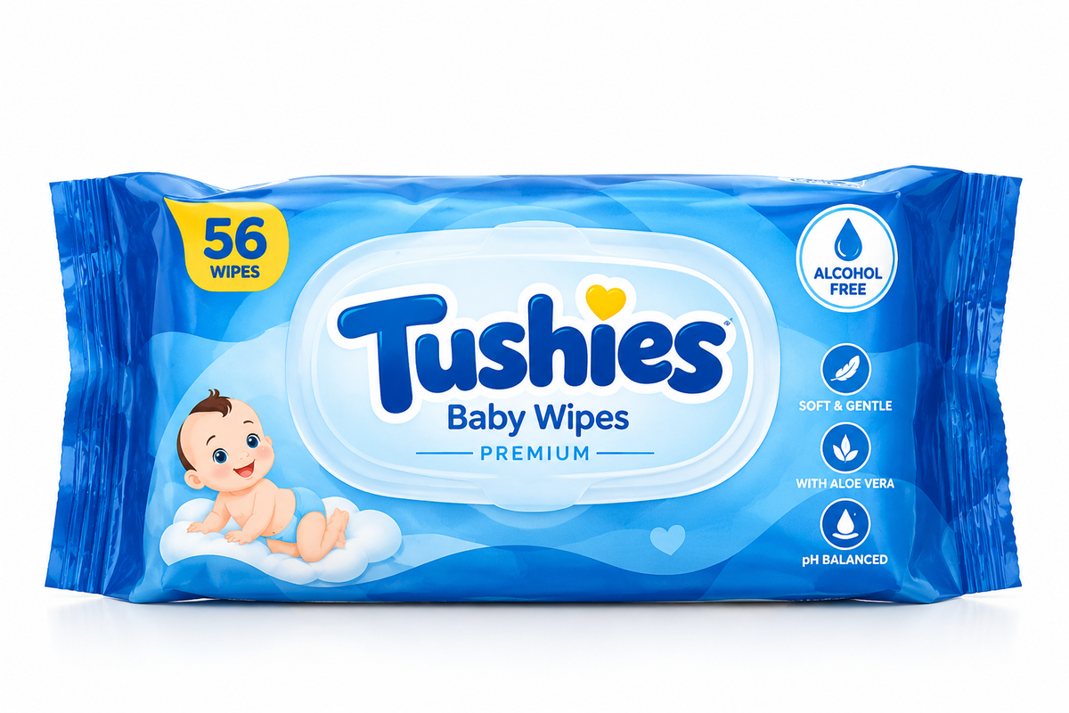 Tushies Premium Baby Wipes 56 count pack with bright blue packaging, resealable white lid, baby illustration and yellow accents, featuring alcohol-free, pH-balanced and gentle skin-care claims on a clean white background.