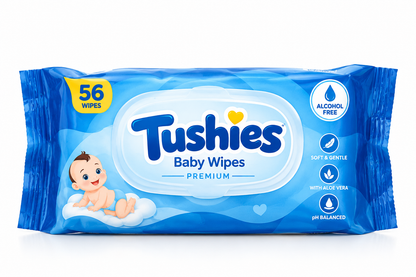Tushies Premium Baby Wipes 56 count pack with bright blue packaging, resealable white lid, baby illustration and yellow accents, featuring alcohol-free, pH-balanced and gentle skin-care claims on a clean white background.