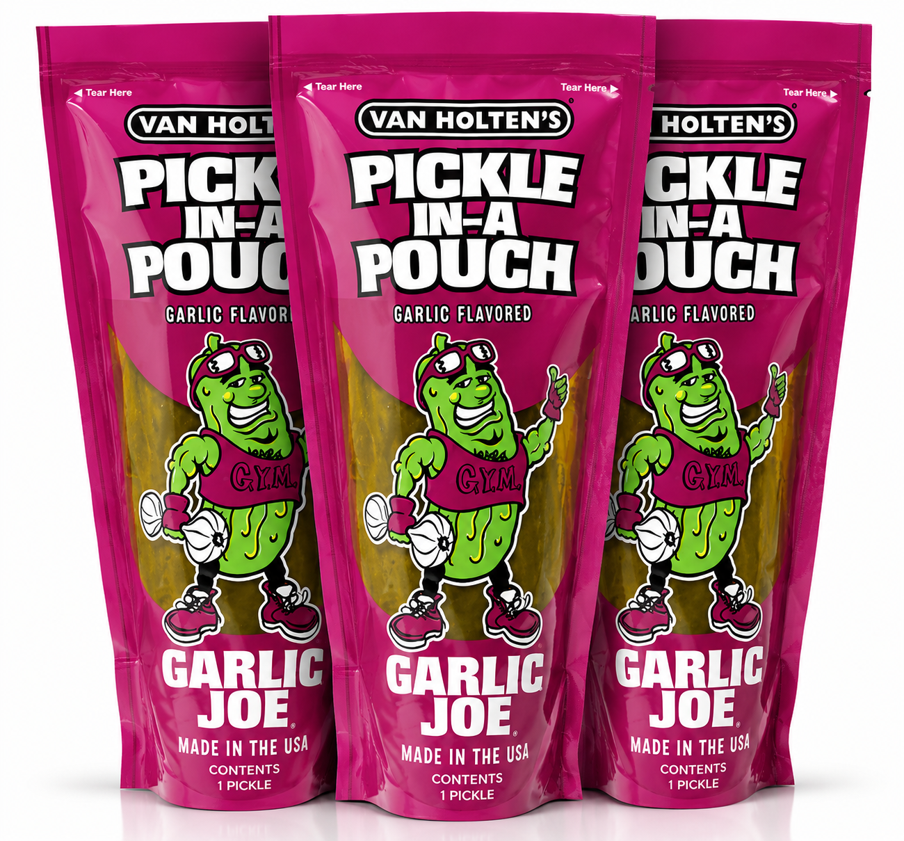 Three Van Holten's Garlic Joe Pickle-In-A-Pouch garlic flavoured pickle snacks displayed together in vibrant pink packaging.
