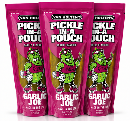 Three Van Holten's Garlic Joe Pickle-In-A-Pouch garlic flavoured pickle snacks displayed together in vibrant pink packaging.