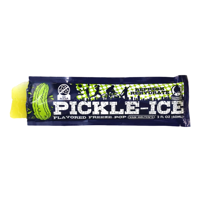 Van Holten’s Pickle-Ice flavored freeze pop in green packaging.