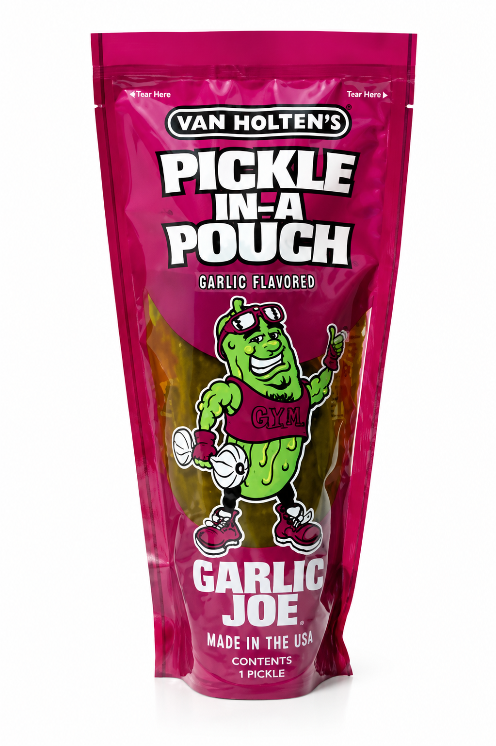 Van Holten's Pickle-In-A-Pouch Garlic Joe garlic flavoured pickle front packaging featuring the iconic Garlic Joe mascot and premium dill pickle snack.