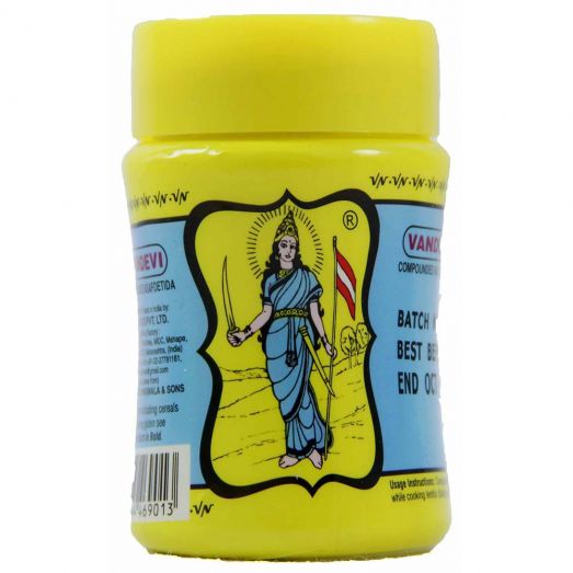 Vandevi Asafoetida Hing Powder jars displayed in 50g, 100g, 200g and 500g sizes, clear plastic containers with yellow lids and red Vandevi branding label, authentic Indian hing spice used for tempering, curries and dal seasoning.