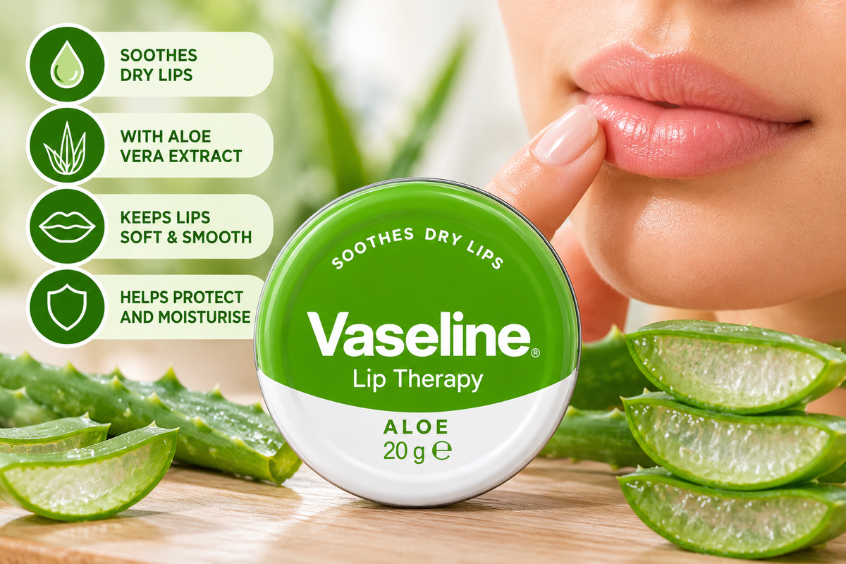 Vaseline Aloe Vera Lip Therapy 20g tin surrounded by fresh aloe vera leaves and aloe gel slices, with a close-up of moisturised lips, highlighting soothing lip care and moisture for soft, smooth lips.