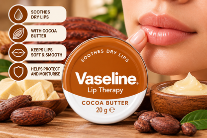 Vaseline Cocoa Butter Lip Therapy 20g tin surrounded by cocoa beans and cocoa butter pieces, with a bowl of balm and a close-up of moisturised lips, highlighting lip care for soft, smooth and hydrated lips.