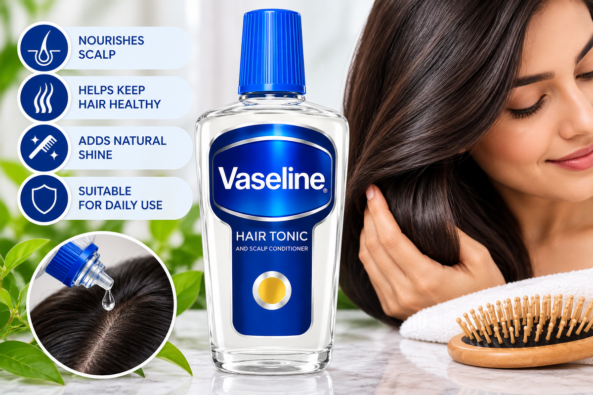 Vaseline Hair Tonic 100ml bottle displayed beside a woman with long, shiny hair, a wooden hairbrush and a scalp application demonstration, highlighting everyday hair and scalp care.