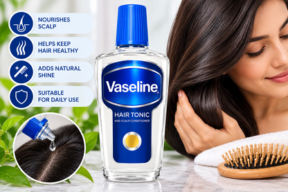 Vaseline Hair Tonic 100ml bottle displayed beside a woman with long, shiny hair, a wooden hairbrush and a scalp application demonstration, highlighting everyday hair and scalp care.