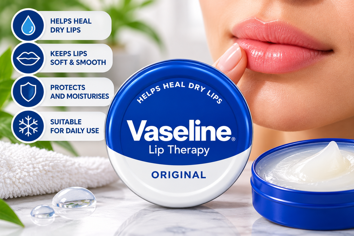 Vaseline Original Lip Therapy 20g tin displayed beside an open container of petroleum jelly, with a close-up of moisturised lips, soft white towels and fresh greenery, highlighting lip moisturising care for soft, smooth lips.