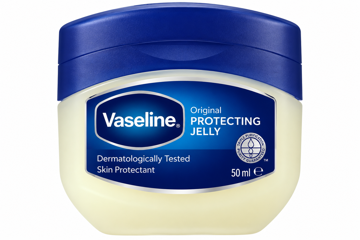 Vaseline Original Protecting Jelly 50ml in a rounded cream-colored jar with a dark blue lid and blue label featuring the white Vaseline logo, Original Protecting Jelly text, and skin protectant details, displayed against a clean white background.