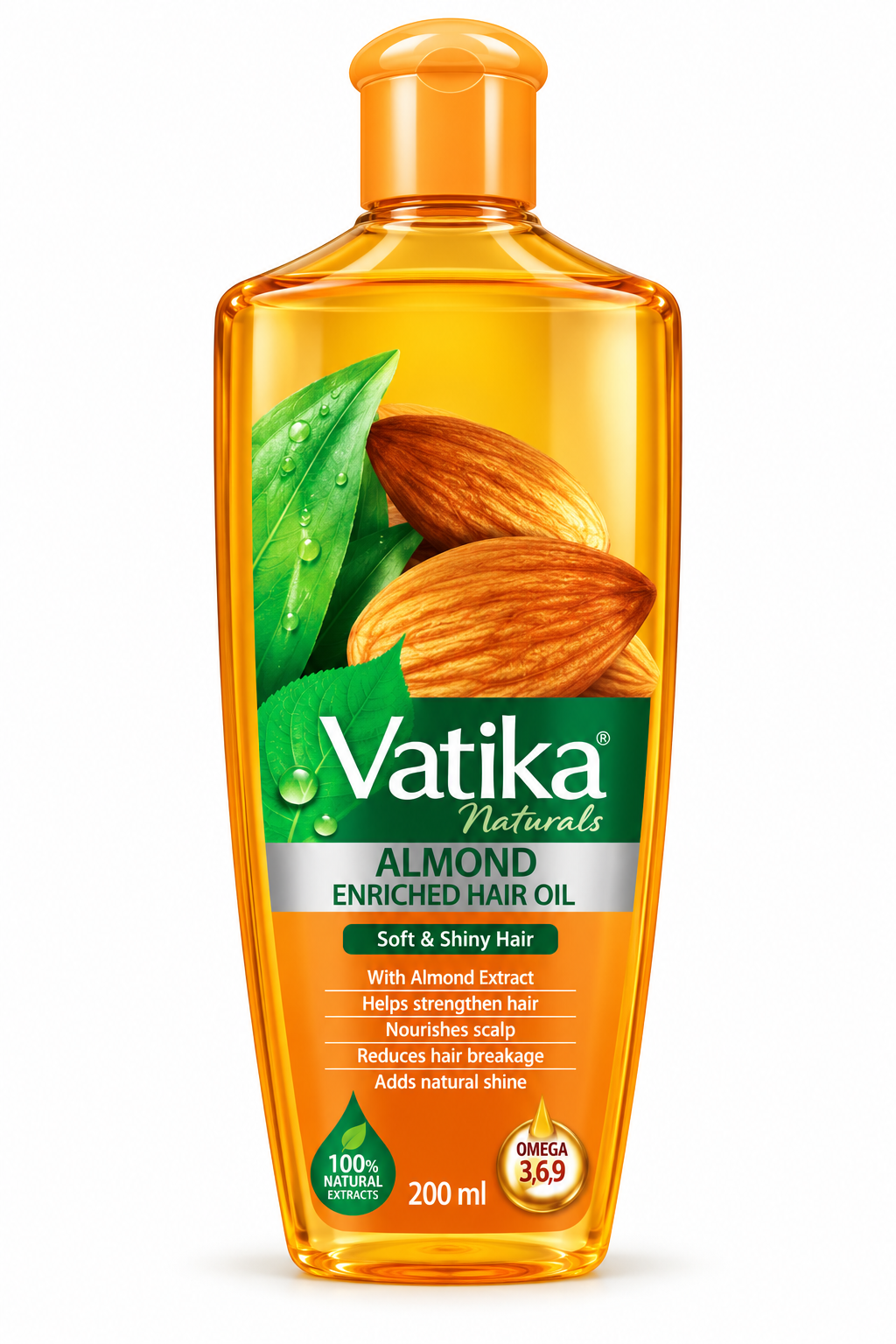 Vatika Naturals Almond Enriched Hair Oil 200ml bottle featuring transparent golden-orange packaging, an orange cap, green Vatika Naturals branding, and illustrations of almonds and green leaves. Displayed upright against a clean white background.
