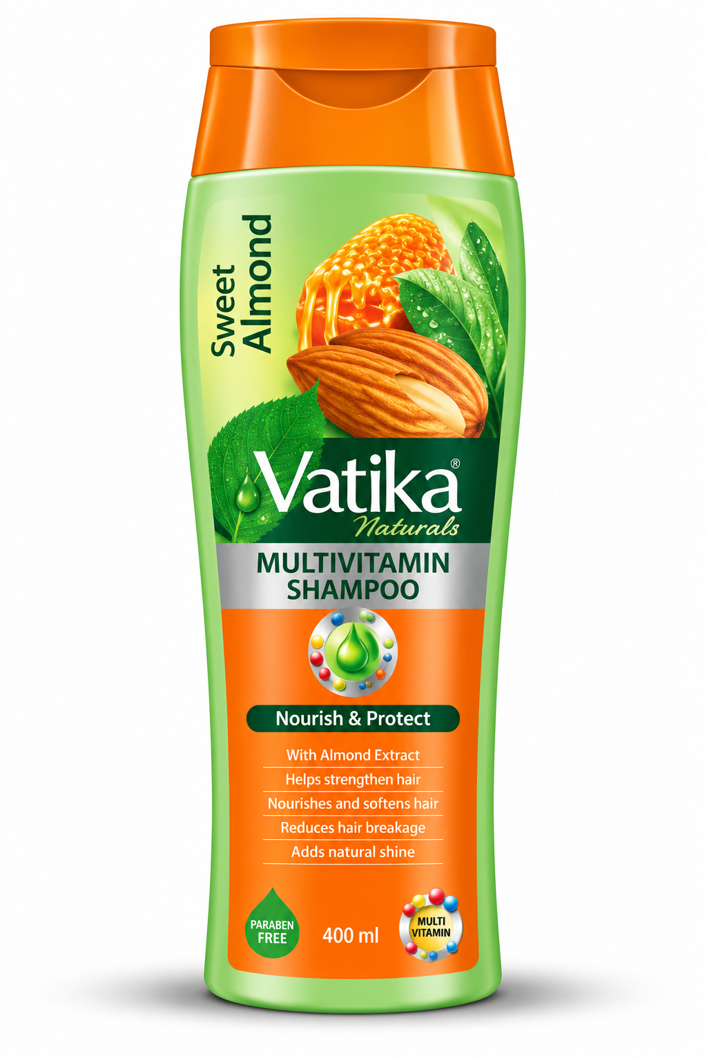 Vatika Naturals Sweet Almond Multivitamin Shampoo 400ml bottle featuring light green and orange packaging, an orange cap, the green Vatika Naturals logo, and illustrations of almonds, honey, and green leaves. Displayed upright against a clean white background for a Shopify hair care product listing.