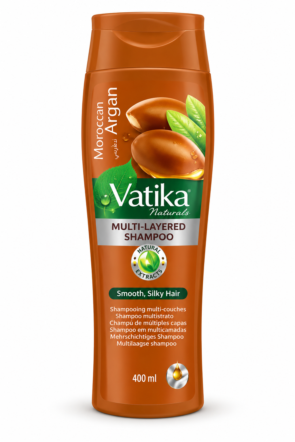 Vatika Naturals Argan Shampoo 400ml brown bottle with Moroccan argan oil extracts for smooth and silky hair.