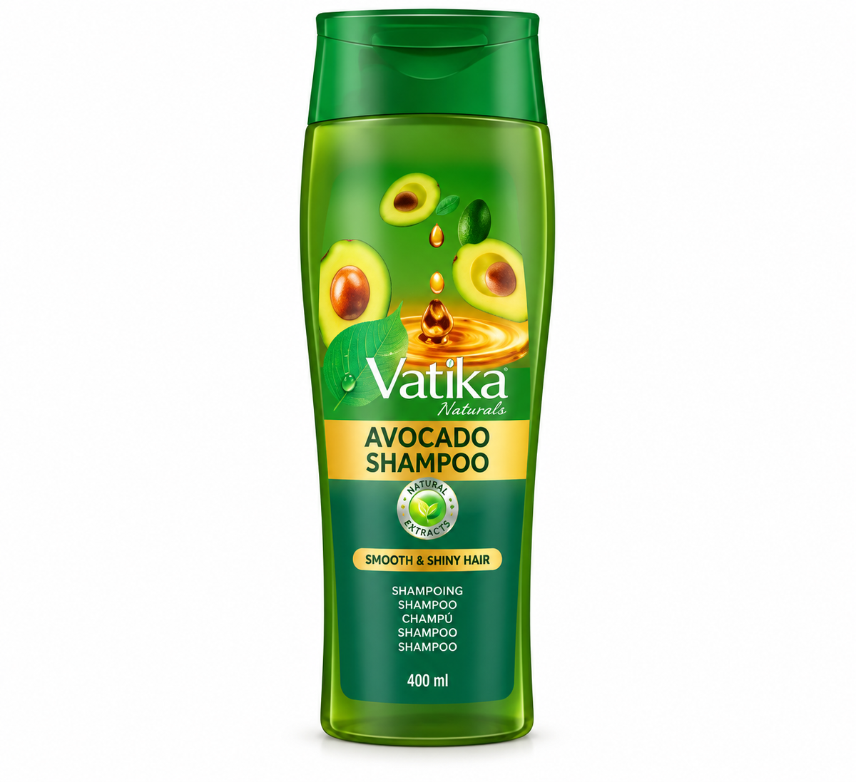 Vatika Naturals Avocado Shampoo 400ml green bottle enriched with avocado extracts for smooth and shiny hair.