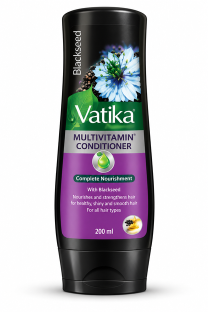 Vatika Blackseed Multivitamin Conditioner 200ml bottle featuring a black container, green Vatika branding, blue and white blackseed flower illustration, and purple and silver label with multivitamin conditioner details. The product is displayed upright against a clean white background.