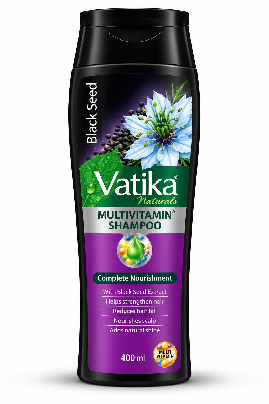 Vatika Naturals Black Seed Multivitamin Shampoo 400ml bottle featuring a black container, purple label, black seed illustrations, blue flower, and green Vatika Naturals logo. Displayed upright against a clean white background for a Shopify hair care product listing.
