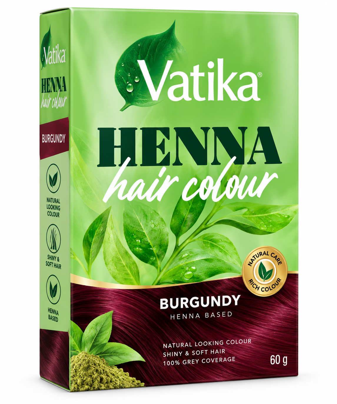 Vatika Burgundy Henna Hair Colour 60g featuring a rectangular box with vibrant light-green packaging, the Vatika logo in white lettering, bold dark-green Henna Hair Colour branding, and a deep burgundy-coloured lower panel. The packaging showcases fresh green botanical leaves, a burgundy hair-texture design, and a Natural Care Rich Colour emblem, with details highlighting henna-based hair colour, natural-looking burgundy colour, shiny and soft hair, and grey hair coverage. 
