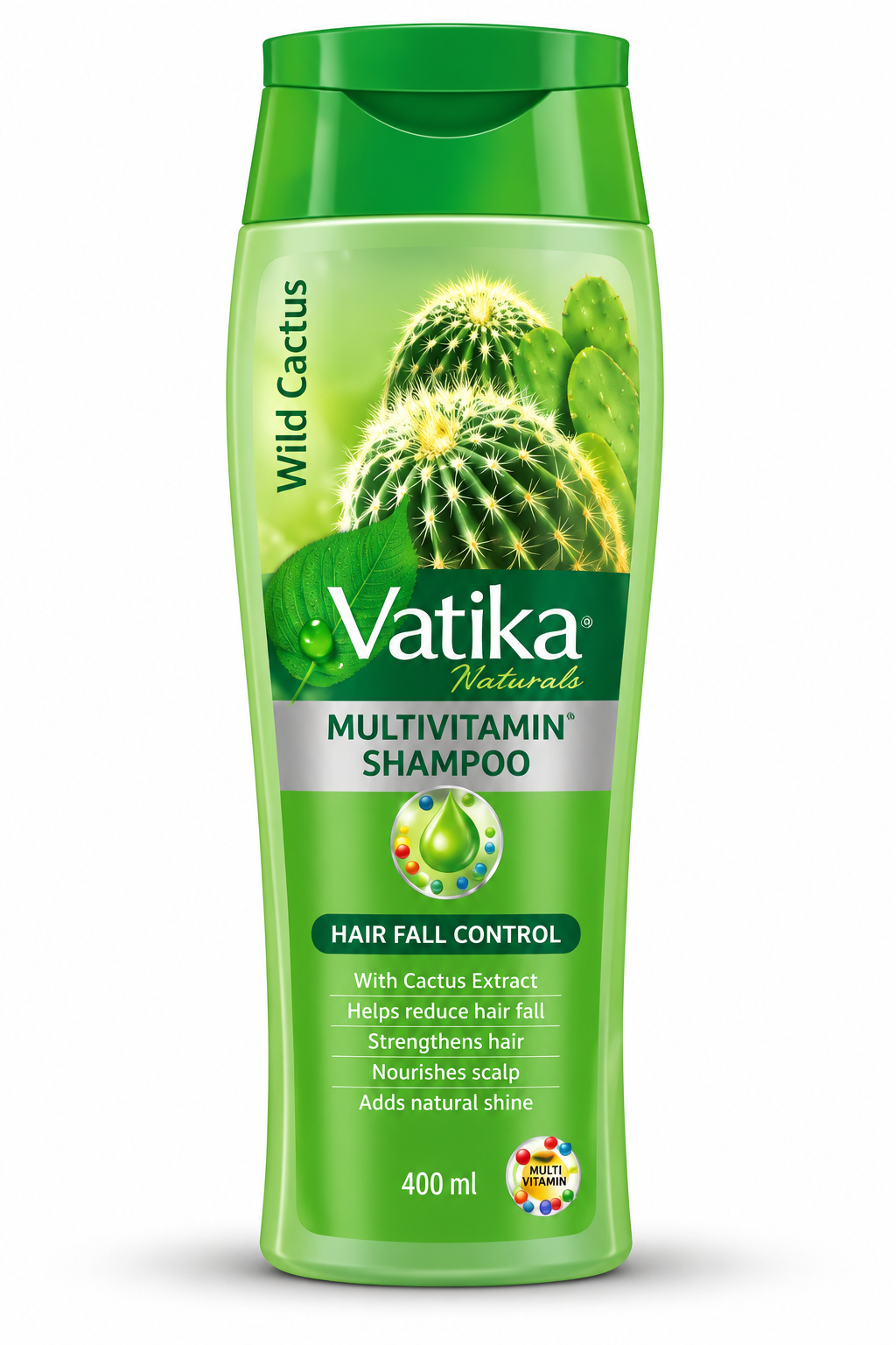 Vatika Naturals Wild Cactus Multivitamin Shampoo 400ml bottle featuring light green packaging, a dark green cap, the Vatika Naturals logo, and cactus illustrations. The front label displays Multivitamin Shampoo and Hair Fall Control branding, shown upright against a clean white background.