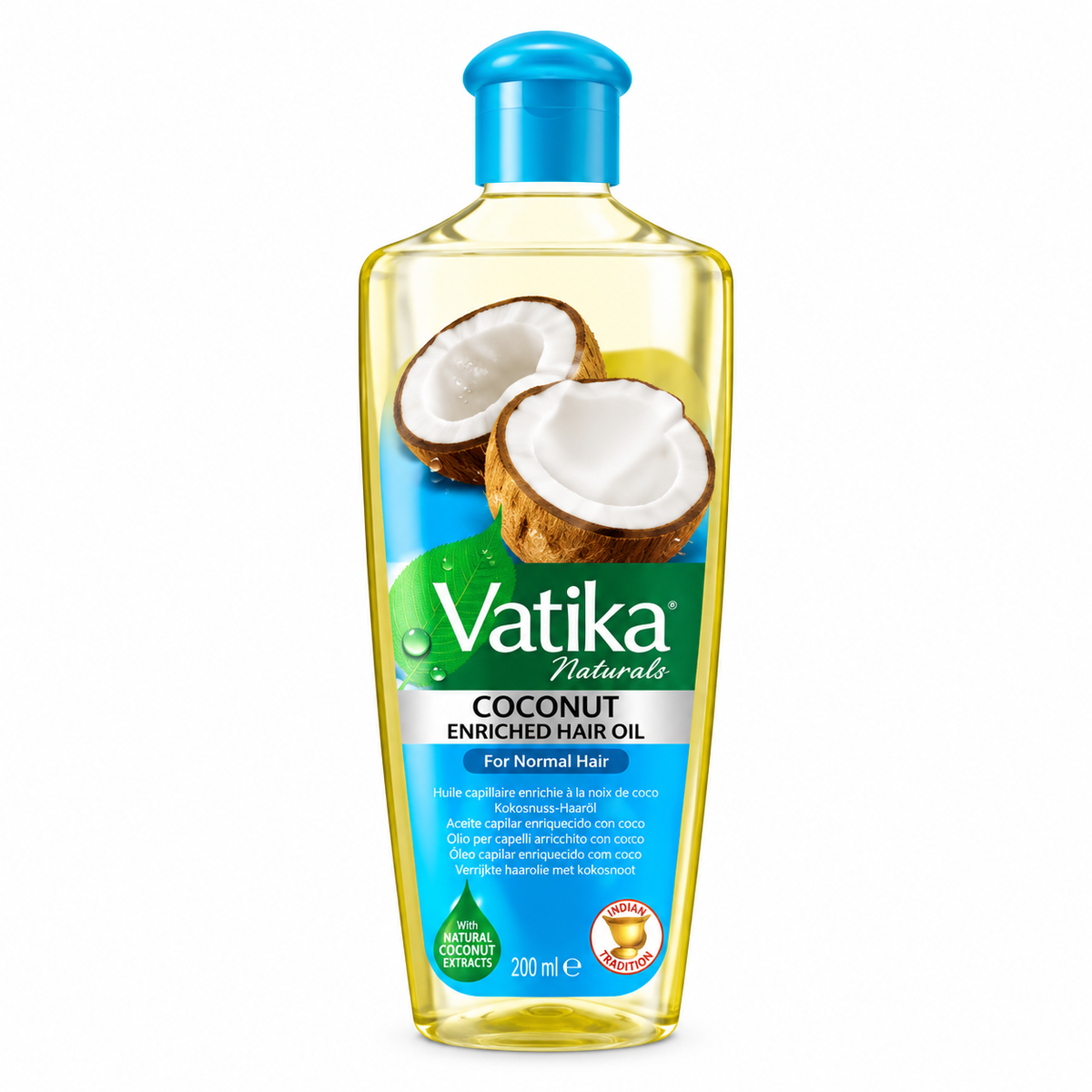 Vatika Naturals Coconut Enriched Hair Oil 200ml bottle with coconut extracts, displayed on a clean white background.