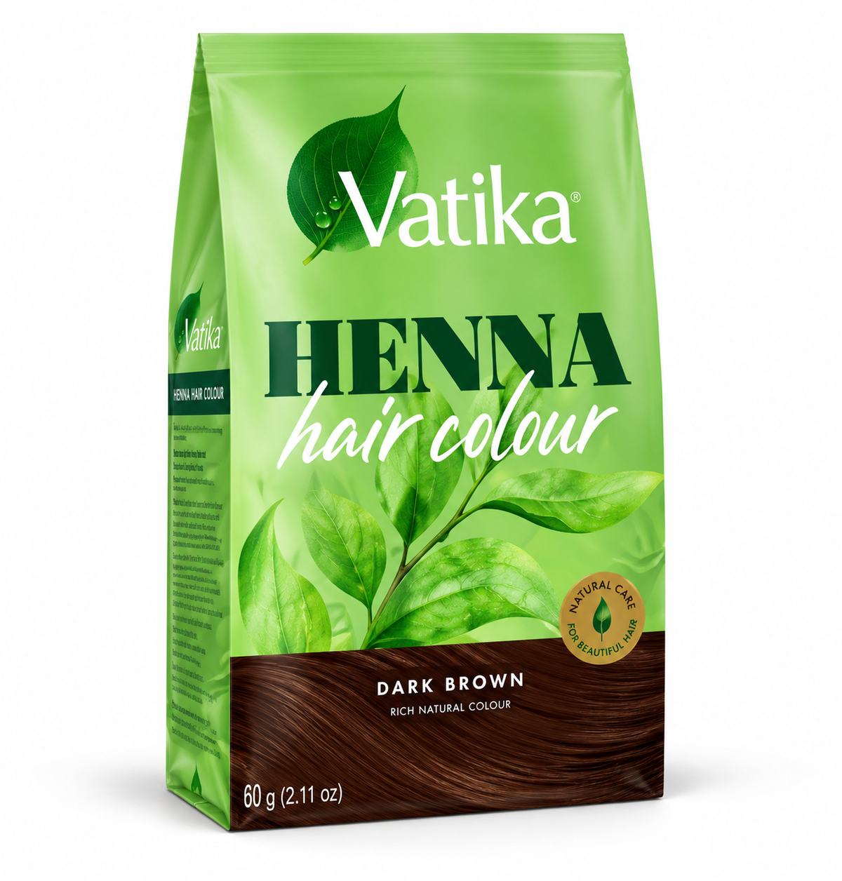 Dark Brown Henna Hair Colour 60g green pouch with botanical leaf graphics, white Vatika branding and a dark brown panel displaying the Dark Brown shade.