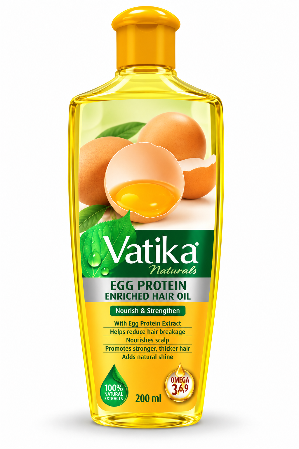 Vatika Naturals Egg Protein Enriched Hair Oil 200ml bottle featuring transparent golden-yellow packaging, a yellow cap, green Vatika Naturals branding, and illustrations of eggs and green leaves. Displayed upright against a clean white background.