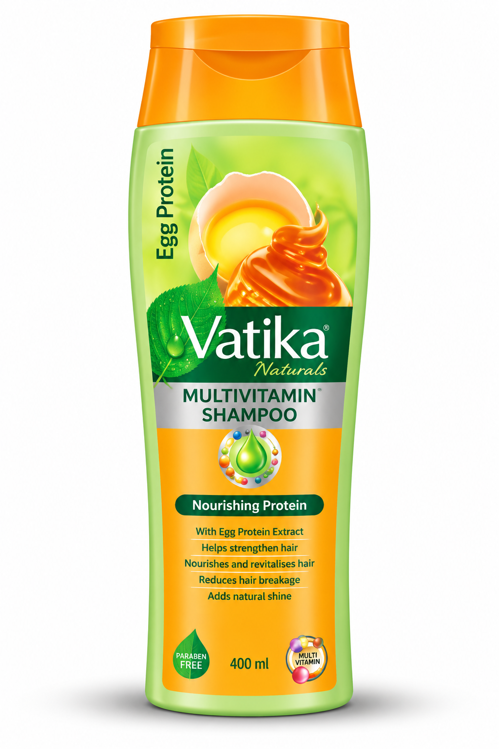 Vatika Naturals Egg Protein Multivitamin Shampoo 400ml bottle featuring light green and orange packaging, an orange cap, the green Vatika Naturals logo, and egg protein imagery. The front label displays Egg Protein and Multivitamin Shampoo branding, shown upright against a clean white background.