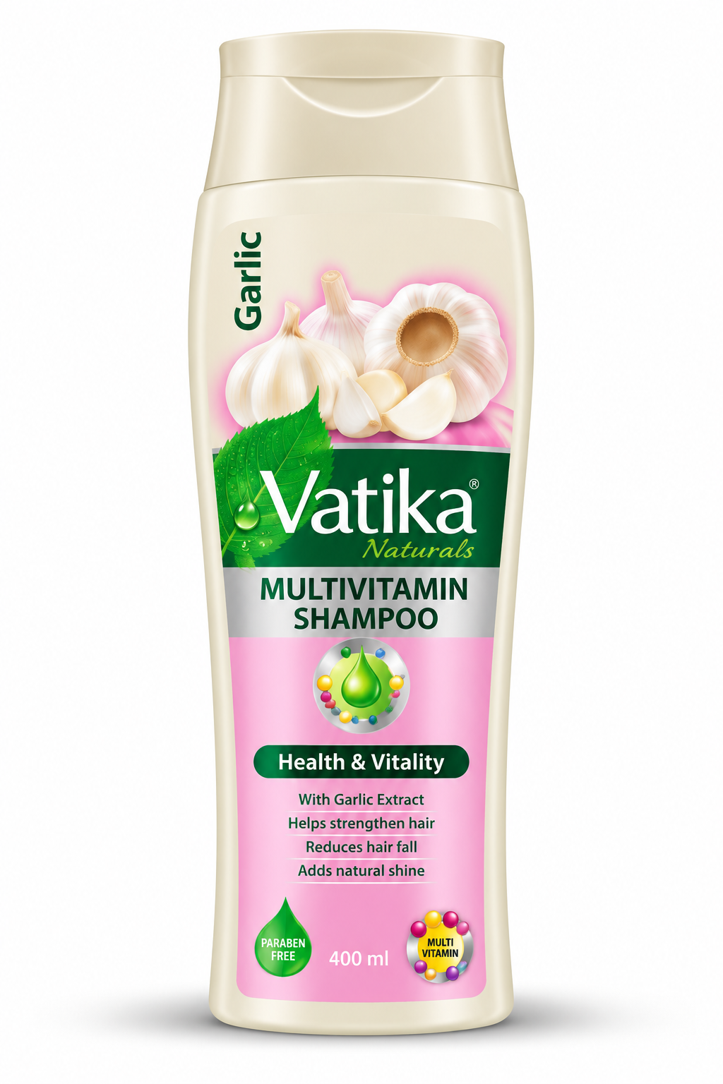 Vatika Naturals Garlic Multivitamin Shampoo 400ml bottle featuring cream-colored packaging, a green Vatika logo, a pink label, and garlic bulb illustrations. The front label displays Garlic Multivitamin Shampoo branding against a clean white background.