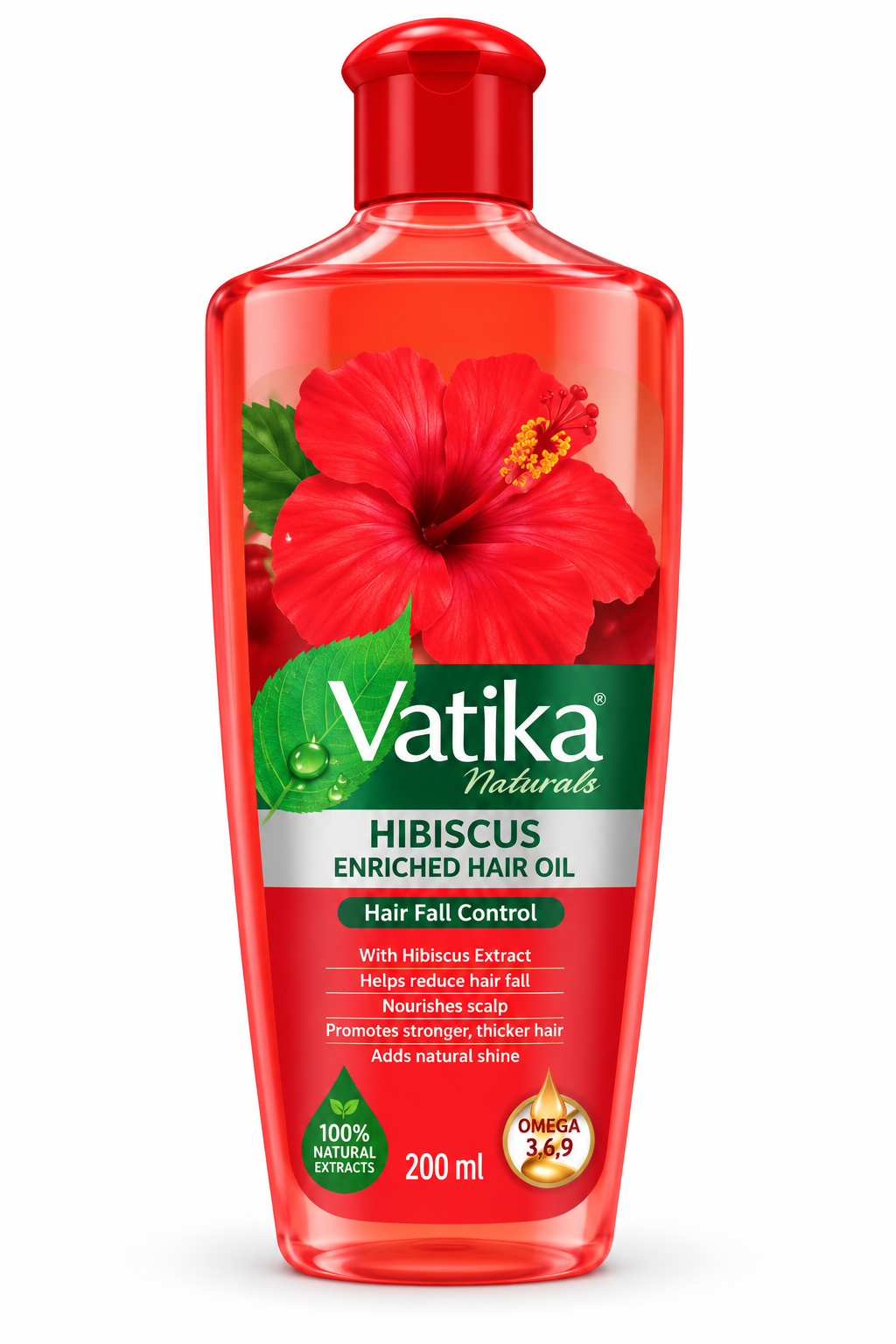 Vatika Naturals Hibiscus Enriched Hair Oil 200ml bottle featuring transparent red packaging, a red cap, green Vatika Naturals branding, and a large red hibiscus flower with green leaves. Displayed upright against a clean white background.