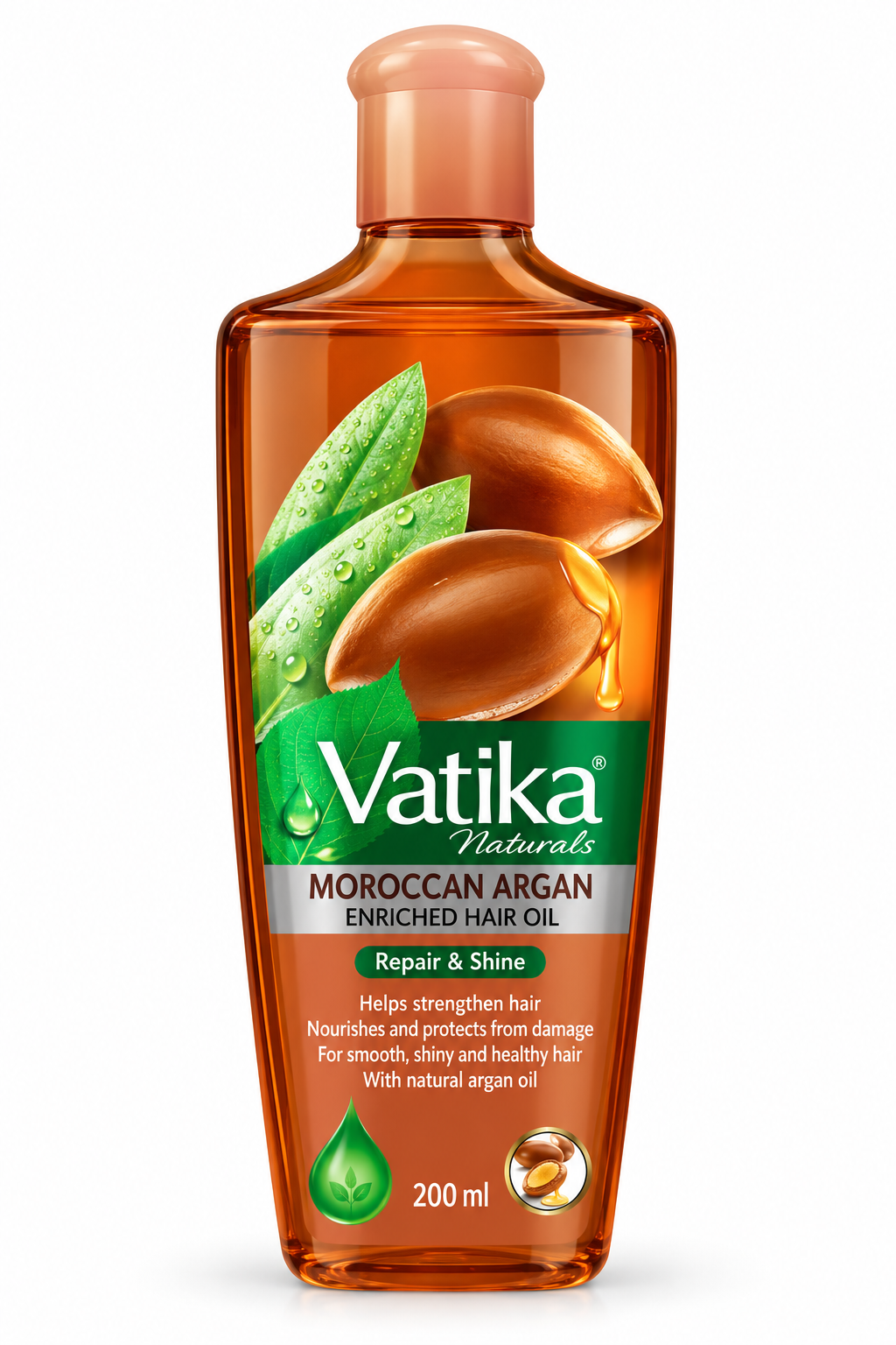 Vatika Naturals Argan Hair Oil 200ml bottle featuring a transparent amber-brown container filled with golden hair oil, a peach-toned cap, the Vatika Naturals logo, and a rich orange and green label decorated with Moroccan argan nuts, golden argan oil, and fresh green leaves. Displayed upright against a clean white background, highlighting argan-enriched hair oil for nourishing hair, helping strengthen roots, reducing the appearance of dryness, and promoting smooth, shiny-looking hair.