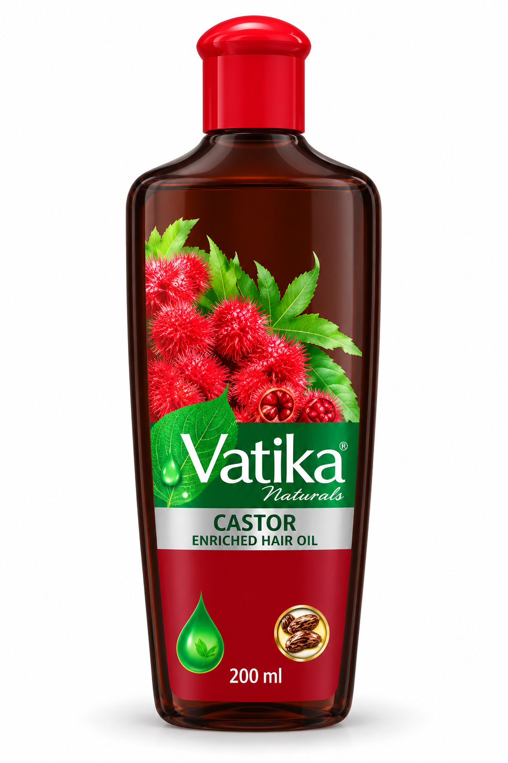 Vatika Naturals Castor Hair Oil 200ml bottle featuring a dark amber-brown transparent container, a bright red cap, the Vatika Naturals logo, and a rich red and green label decorated with castor plant seeds, vibrant red castor fruits, and fresh green leaves. Displayed upright against a clean white background, highlighting castor-enriched hair oil for nourishing hair, strengthening roots, and supporting healthy, shiny-looking hair.