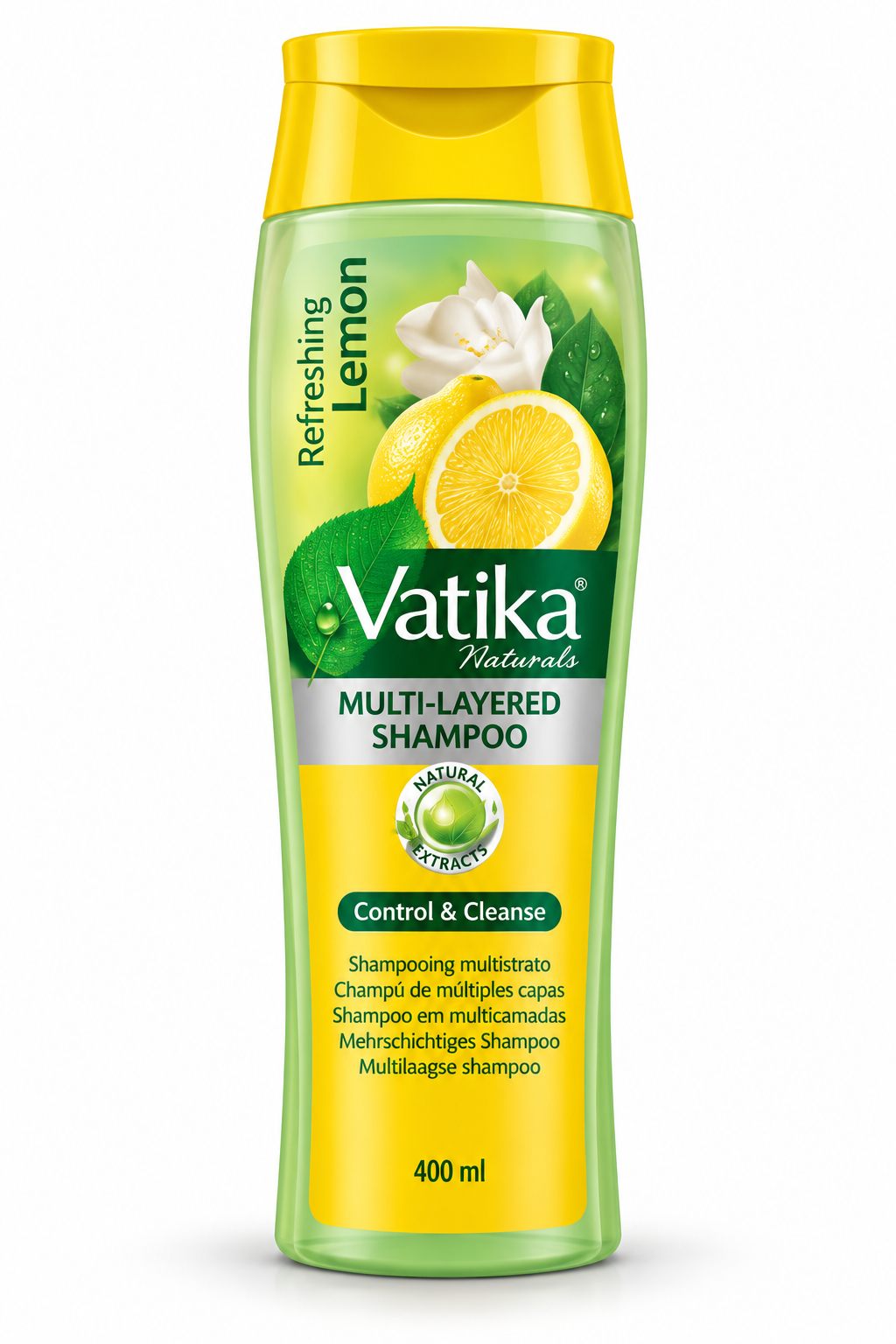 Vatika Naturals Lemon Shampoo 400ml bottle featuring vibrant yellow and light green packaging, a matching yellow cap, the Vatika Naturals logo, and illustrations of fresh lemon slices, lemon fruit, white lemon blossoms, and green leaves. Displayed upright against a clean white background, highlighting the lemon extract shampoo for refreshing hair cleansing and scalp care.