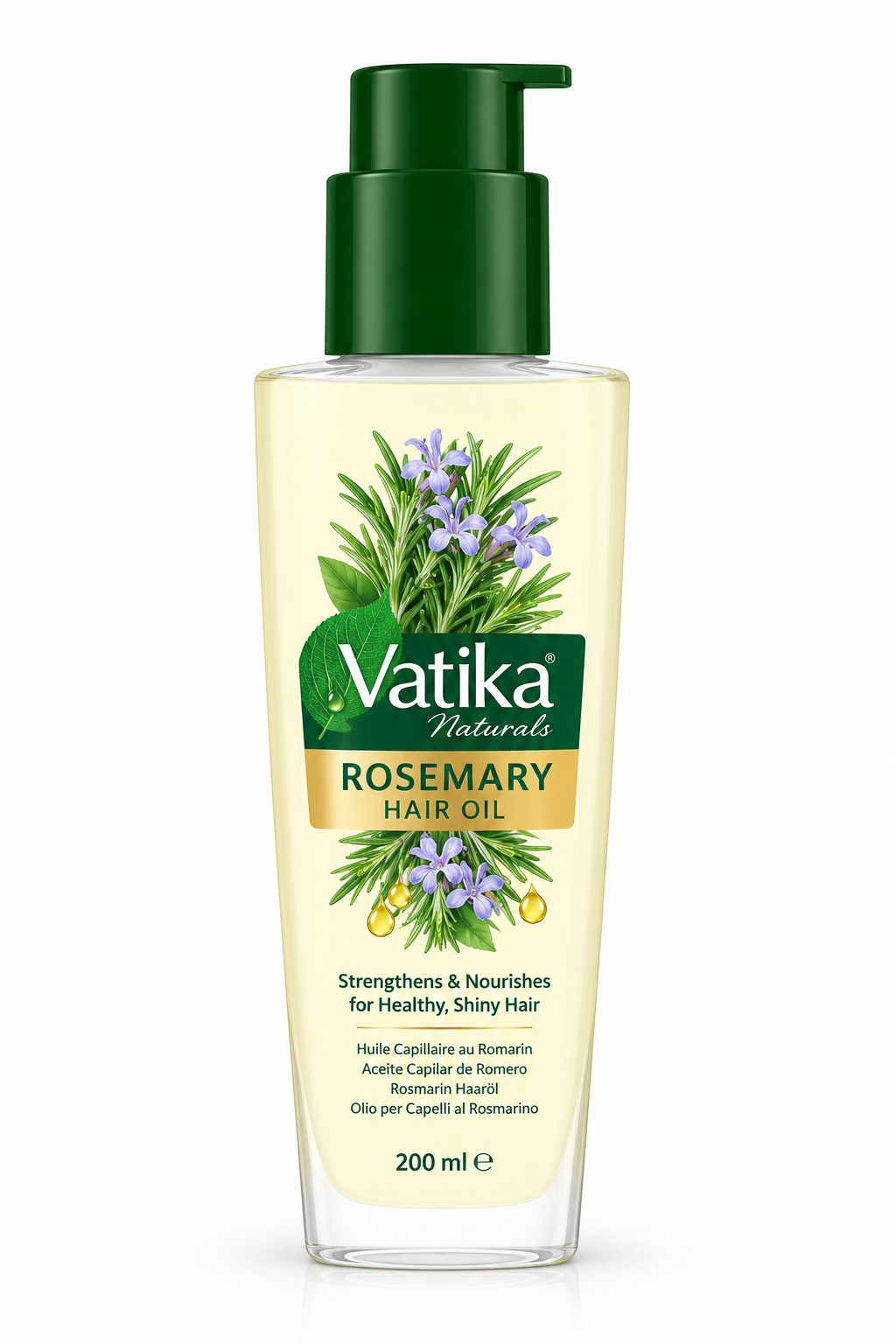 atika Naturals Rosemary Hair Oil 200ml bottle featuring a transparent container filled with pale yellow hair oil, a dark green pump dispenser, the Vatika Naturals logo, and botanical illustrations of fresh rosemary sprigs, green leaves, and delicate purple flowers. Displayed upright against a clean white background, highlighting rosemary hair oil for nourishing hair, strengthening roots, and promoting healthy, shiny-looking hair.