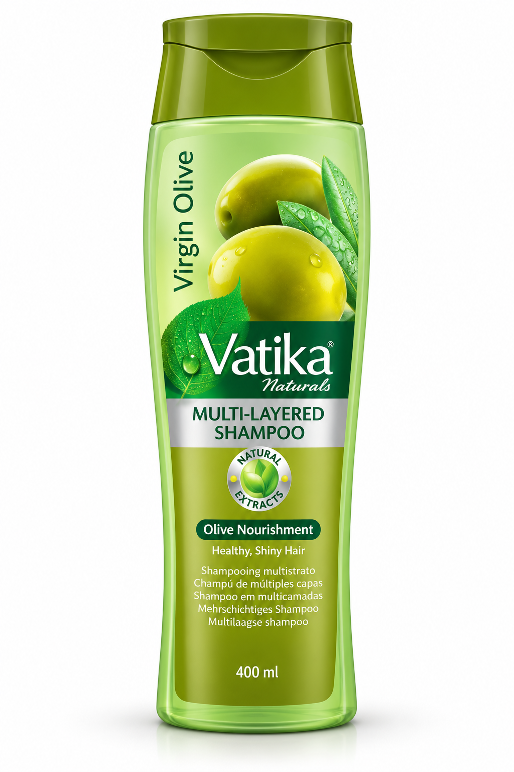 Vatika Naturals Olive Shampoo 400ml green bottle with virgin olive extracts for healthy, shiny hair.