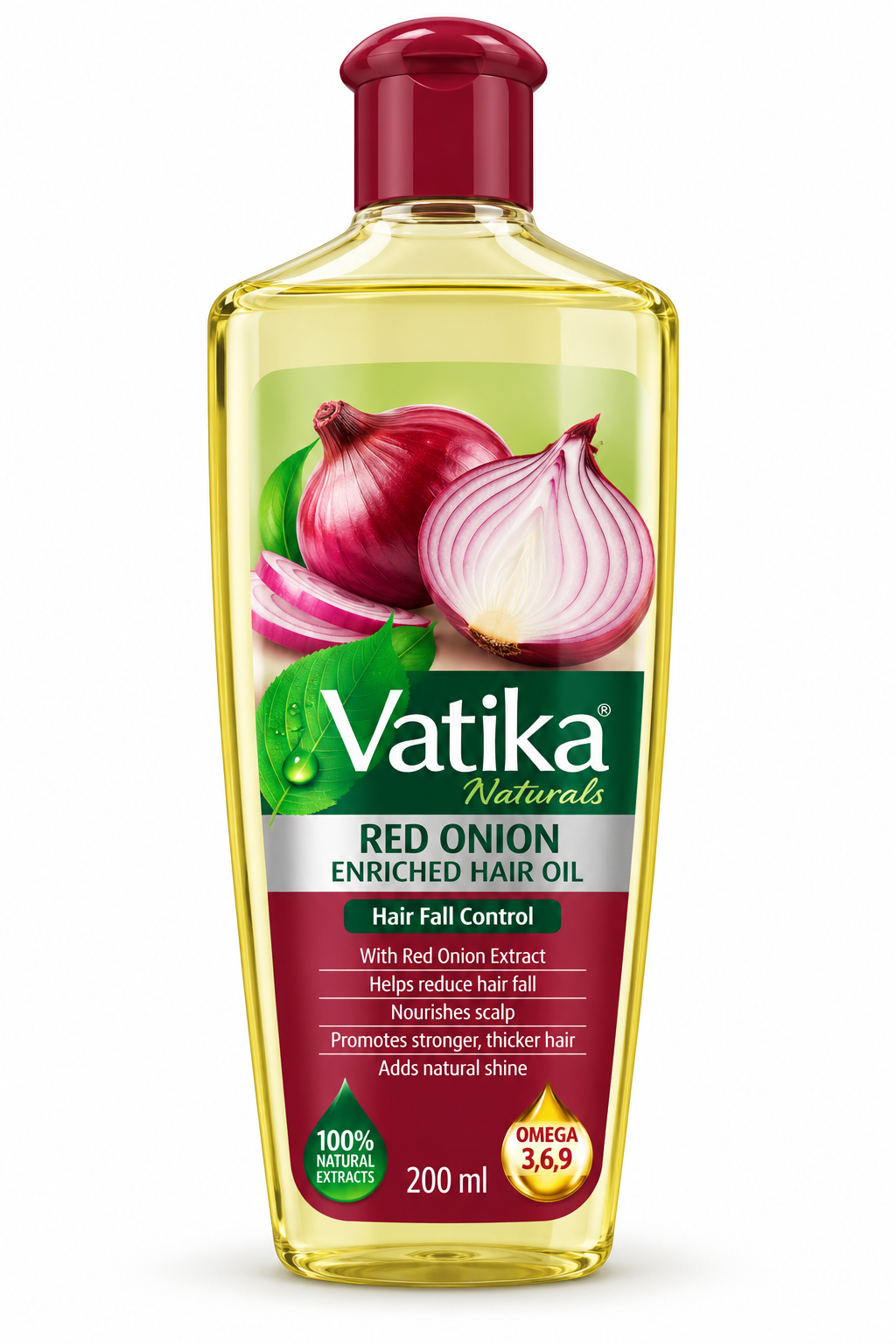 Vatika Naturals Red Onion Enriched Hair Oil 200ml bottle featuring transparent golden packaging, a burgundy cap, green Vatika Naturals branding, and illustrations of red onions and green leaves. Displayed upright against a clean white background. 