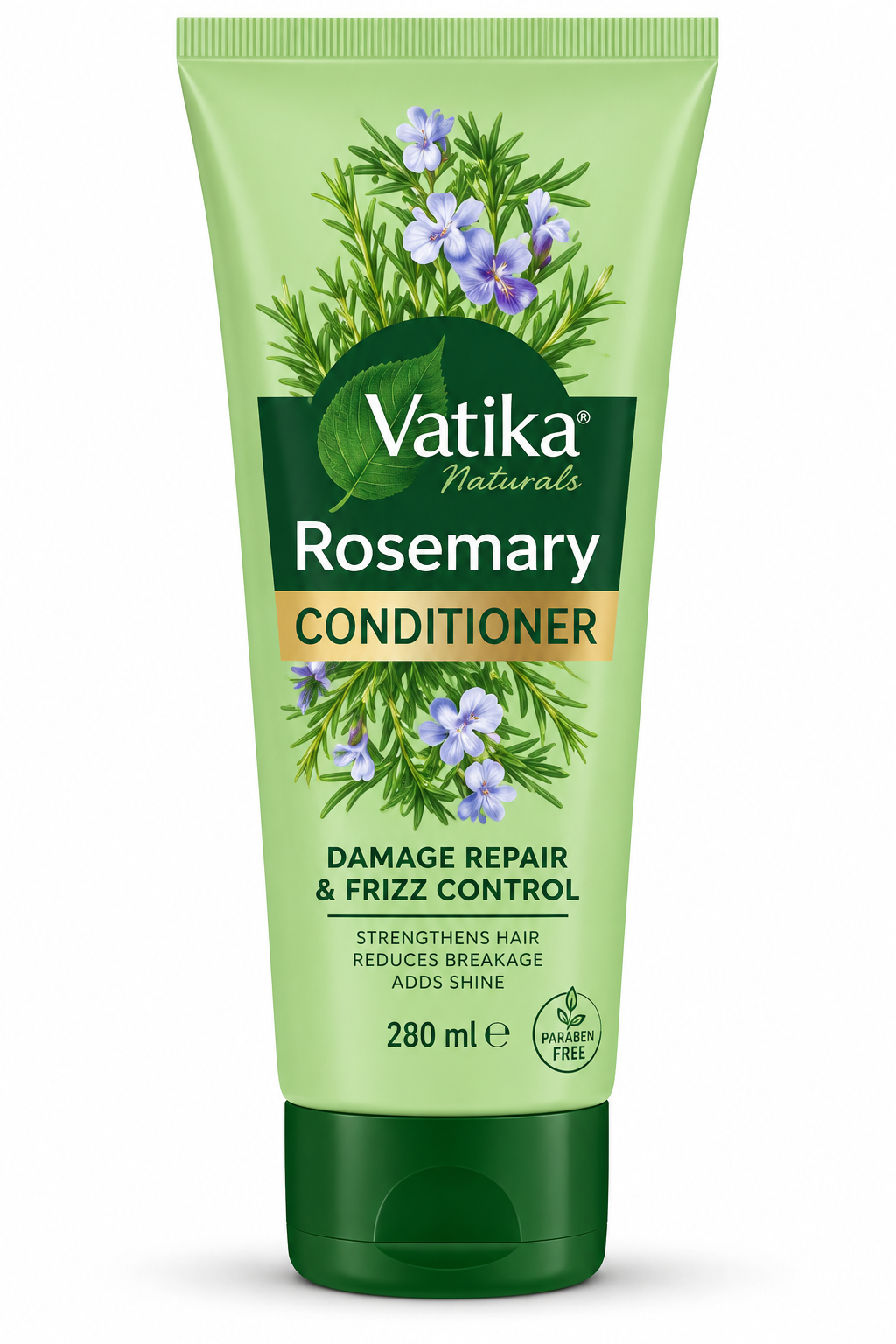 Vatika Naturals Rosemary Conditioner 280ml tube featuring pale green packaging, a dark green cap, the Vatika Naturals logo, and botanical illustrations of rosemary sprigs and purple flowers. The front label highlights damage repair and frizz control, displayed upright against a clean white background for a Shopify hair care product listing.