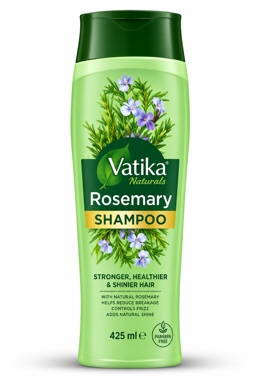Vatika Naturals Rosemary Shampoo 425ml bottle featuring light green packaging, a dark green cap, the Vatika Naturals logo, and botanical illustrations of rosemary sprigs and purple flowers. The front label displays Rosemary Shampoo branding and hair care details, with the product standing upright against a clean white background.